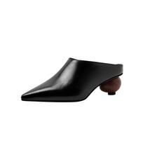 2024 Women's New Spring/Summer Pointed Horse Oil Leather Genuine Leather Sheepskin Baotou Middle Heel Large Muller Half Slippers 34 juoda