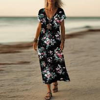 Vasaros suknelė Moteriška ilga Boho paplūdimio suknelė Elegantiška Maxi suknelė V formos iškirpte Trumpomis rankovėmis Vasarinė tunikos suknelė Lengva, orui laidi XXL juoda