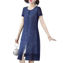 Women Mesh Fake Two Piece Dress Casual Short Sleeve Crewneck Midi Dress Formal Mother of The Bride Dress XL mėlyna