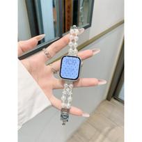 Perlų apyrankė Apple Watch juostai 49/46/45/44/42/41/40/38mm Moteriškas prašmatnus deimantinis metalinis riešo dirželis iWatch S11 10 9 8 38/40/41/42S10 smėlis