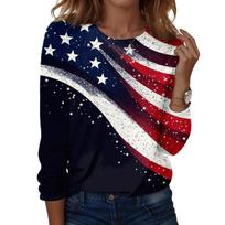 Women's Casual Long Sleeve Crew Neck Shirt American Flag Print Lightweight Comfortable Fit Stylish Top for Everyday Wear L tamsiai mėlyna