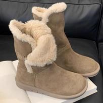 Fur Women Mid Calf Boots Suede Flats Shoes Woman 2025 Trend Winter Fashion Brand Sport Casual Cozy Walking Women’s Snow Botas 35 chaki