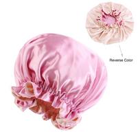Double Layer Satin Sleep Bonnet Large lace Reversible Wear Bath Hair Cap Reusable Head Wrap Cosmetic Cap Hair Wrap Accessories rožinė