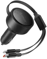 „Orico“ dvigubo tempimo 60 W USB-C automobilinis įkroviklis su dviem ištraukiamais USB-C + „Lightning“ laidais - Juodas