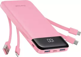 Nešiojamoji baterija 5V 3A 10000 mAh su integruotais laidais USB A / USB C / Lightning / Micro USB Charmast W1148 rožinė