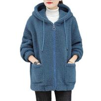 Sherpa striukė moterims su užtrauktuku, pūkuotas vilnos striukė, oversized, šilta, puri, su gobtuvu, žieminė, rudens, laisvalaikio viršutinė apranga su kišenėmis M mėlyna