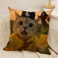 Cat Young Peoples Spirit Crazy Aesthetics Pillow Case Natural Linen Double-Sided Printing Sofa Home Decor Cushion Cover Peach skin 18*18(CM)-1Pcs