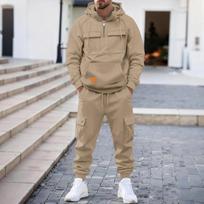 Mens 2 Piece Half Zip Hoodie and Cargo Joggers Tracksuit Set S chaki