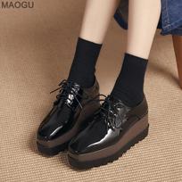 8CM Women's Black Suede Platform Wedges Shoes Ladies High Heel Pumps Fashion Design Square Toe Lace Up British Style Shoes Women 34