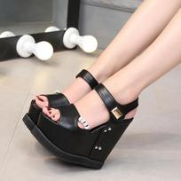 2025 spring new fish mouth waterproof platform inside increase sponge cake thick base wedge sandals 15 cm sky high 34 juoda