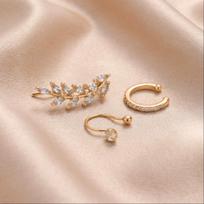 No Piercing Ear Cuff Set Leaf Crawler Earrings Zircon 18K Gold Plated Waterproof Non Tarnish Jewelry
