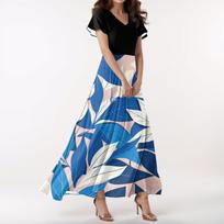 Women's Casual V-neck Short Sleeve High Waist Retro Flower Leaf Print Dress L mėlyna