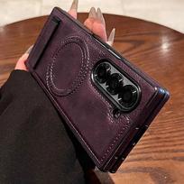 Retro Leather Hidden Tripod Phone Case For Samsung Galaxy Z Fold 7 6 5 4 3 Magnetic Wireless Charging Lens Fall Prevention Cover Galaxy Z Fold7