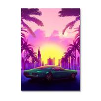 80S senovinis neoninis sportinis automobilis saulėlydis palmių aliejinė tapyba Vintažinis plakatas Svetainės sienos menas 21cm×30cm NoFrame