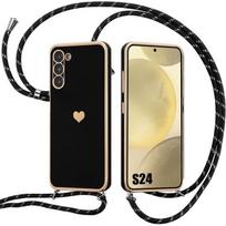 Lanyard Case for Samsung Galaxy S24, Black Shockproof Heart Pattern Anti-Scratch Flexible