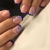 24 Pcs Flowers Artificial Nail French Tip Press On Nail Short Square Stick On Nail Glossy False Nail for Party 1