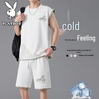 Playboy Men's Summer Ice-Feel Sleeveless Top & Shorts Set 5XL balta
