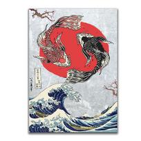 Japonijos Didžiosios bangos Koi žuvis Ying Yang Plakatas Raudona Saulės drobė Paveikslėlis Japoniško meno spausdinimo freska, skirta šiuolaikiniam svetainės dekoravimui 21cm×30cm NoFrame