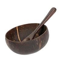 Natūralus kokoso dubenėlių rinkinys su mediniu šaukštu, ekologiški rankų darbo indai salotoms ir kokteiliams