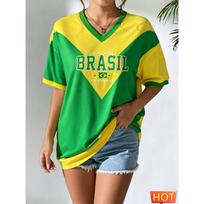 Vasarinis moteriškas V formos iškirptės marškinėlis Brazilijos futbolo marškinėlis Geltonos ir žalios spalvos gradientas moteriškas marškinėlis Greitai džiūstantis naujas Brazilijos marškinėlis S