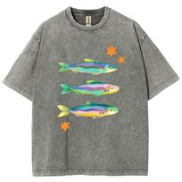 New Colorful Salted Fish Print T-Shirt Abstract Designer Round Neck Shoulder Loose Wash Short Sleeved Fashion Design Casual Top S įvairiaspalvis
