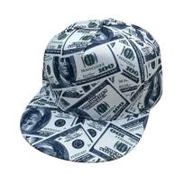 $100 Printed Hip Hop Baseball Cap Flat Rim Hat Casual Hat Dollar Bill Adult Sunshade Sunscreen Hat Adult head circumference 56-60cm gray