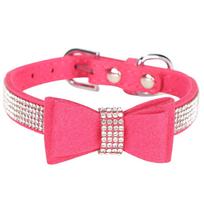 Suede Microfiber Double Bowknot Crystal Sparkle Rhinestone Cat Collar Pet SupplyRose Red XS 30x1.5cm rožinė raudona spalva