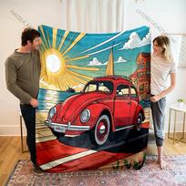 Raudono automobilio ant paplūdimio spausdinimo pledas Šiltas minkštas pūkuotas Vaikams ir suaugusiems Sofa lova Užklotas Tinka namams kelionėms stovyklavimui Dovanos 75x90cm blue