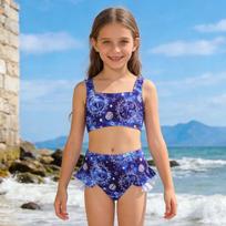 Girls Two Piece Swimsuit Set Tankini Top and High Waist Bottoms with Ruffle Trim Kids Swimwear for Beach Pool Water Activities 10 tamsiai mėlyna