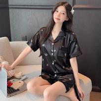 Summer 2 Piece Women Set Short Sleeve Black Tops and Shorts Pajamas Woman Silk Fashion Elegant Luxury Satin Sleepwear Polka Butterfly Print Pajama Set M