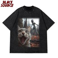 T250 Men Funny Cat Alien UFO Graphic T-Shirt - Black Crew Neck Short Sleeve Tee Breathable Cotton with Slight Stretch S įvairiaspalvis