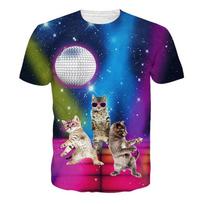 Vasaros 3D spausdinimas Juokingi kačių marškinėliai Vyriški Galaxy Cat Grafinis trumpomis rankovėmis Asmeniškumas Laisvalaikio iškirptės gatvės marškinėliai su apvaliu kaklu Drabužiai 100