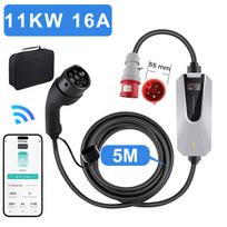 Type 2 EV Elektromobilių įkrovimo kabelis su įžeminimu - junsun 11 kW 6-16A 3 fazės 5 m kabelis su Valdymas per programėlę su CEE kištukas su LCD ekranas