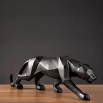 Didelio dydžio panteros statulėlė Gyvūno figūrėlė Abstraktaus geometrinio stiliaus Dervos leopardo skulptūra Namų biuro stalo dekoracija Amatų gaminiai 10 Inch juoda