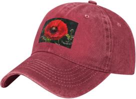 Red Poppy Flower Print Washed Denim Baseball Cap Casual Adjustable Cotton Hat for Men Women Can Be Adjusted raudona