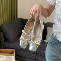 French Rhinestone Premium Sense One Word with Mary Jane Shoes Women's Square Head Thick Heel Medium Heel Light Mouth SingleShoes 35 sidabras