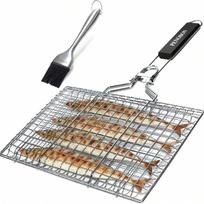 Žuvies kepimo krepšelis, Sulankstomas nešiojamas nerūdijančio plieno BBQ kepsninės krepšelis žuviai, daržovėms, krevetėms, su nuimama rankena, komplekte su laikymo maišeliu juoda