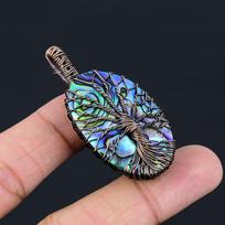 Tree Of Life Abalone Shell Gemstone Pure Copper Wire Wrapped Handmade Pendant Jewelry 2.36 Inches mėlyna