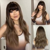 HAIRCUBE ilgas banguotas sintetinis perukas, skirtas Cosplay Natural Brown Ombre perukas moterims Kasdienis vakarėlis karščiui atsparus netikriems plaukams su kirpčiukais