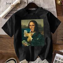 Men and Women Black Humorous Mona Lisa Money Bills Graphic T-Shirt - Casual Short Sleeve Tee with Abstract Art Design S