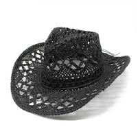 Hollow Crochet Western Cowboy Hat Breathable Wide Brim Straw Hat Lightweight Outdoor Beach Sun Hat Men 56-58cm juoda