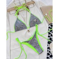 Susiūtas halterinis blizgus Brazilijos bikinis Moteriškas maudymosi kostiumas Moterų maudymosi drabužiai Dviejų dalių bikinio komplektas Maudymosi kostiumas Maudymosi dama L sidabras