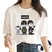 2025 OASIS Juostos Snoopy trumpomis rankovėmis T-shirt Retro Europos ir Amerikos Punk Rock Jaunas Animacinis Animacinis Moteriškas T-shirt S balta