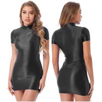 Blizgus Bodycon Suknelė Klubiniai drabužiai Moteriški Sexy Sexy Short Sleeve Mock Kaklo Alyvinis Blizgios Mini Suknelės Rave Pole Dancing Stage Drabužiai XL juoda