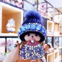 Monchhichi Keychain Knit Hat Mink Pendant Arcade Prize Gift Set With Crystal Embellishments Pink gray