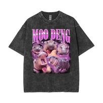 Moo Deng Cute The Baby Hippo Rap 90s Vintage Washed T-shirt Funny Meme Tee Shirt Men Women Summer High Quality Oversized T Shirt S įvairiaspalvis