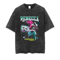 Oversized Washed Black Short-Sleeve T-Shirt Featuring Cyberpunk: Edgerunners Rebecca Multi-Scene Portrait Graphic Print For Anime & Cyberpunk Fans S įvairiaspalvis