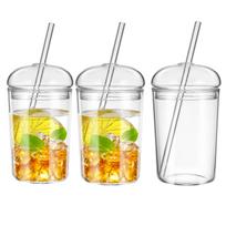 3 vnt. stiklinės kavos puodeliai su dangteliais ir šiaudeliais, 16 oz šalto kavos puodelis su kupoliniais dangteliais, skaidraus stiklo kavos puodelių rinkinys DIY reikmėms 400-600ml white