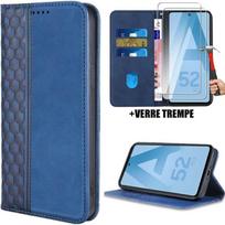 Case + 2 Tempered Glasses for Samsung Galaxy A52 4G-5G A52s 5G, Leather Effect Protection Magnetic Closure - Navy Blue mėlyna