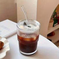 380/600ML Stripe Glass Coffee Cup With Lid and Straw Transparent Drinking Glasses for Juice Milk Tea Cups Iced Coffee Mugs Drink Vertical cup